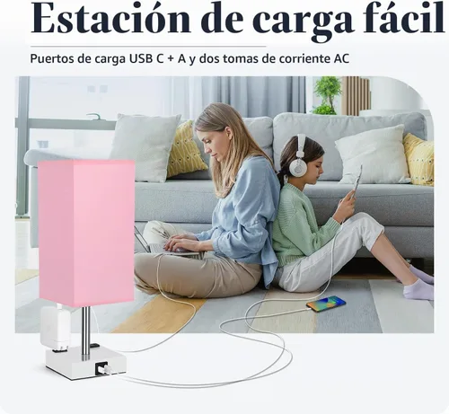 Vista 6 de Lámpara de mesita de noche con puertos USB - Lámpara de mesa con control táctil para dormitorio con puertos de carga USB C+A y tomas de corriente