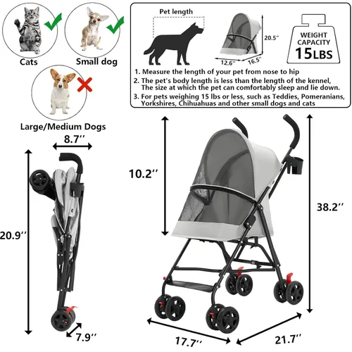 Vista 2 de Cat Stroller Foldable Lightweight for Small Dogs Cats 0-15 lbs,Gray Dog strollers for small dogs, 4 wheels, cup holder, breathable mesh.Perfect