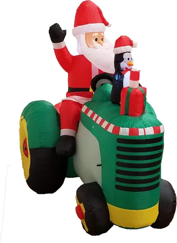 Vista 7 de Decoración inflable para jardín de Papá Noel en tractor con pingüino, 5.3 pies de altura