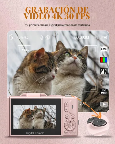 Vista 2 de Cámara digital 4K para principiantes y adolescentes, cámara compacta de vlogging con pantalla abatible de 180°, enfoque automático, fácil de usar