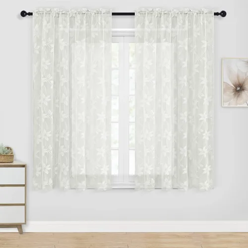 Vista 19 de DWCN Paquete de 2 cortinas traslúcidas pequeñas de encaje floral beige para cocina, cortinas traslúcidas ligeras con bolsillo para barra, cortinas