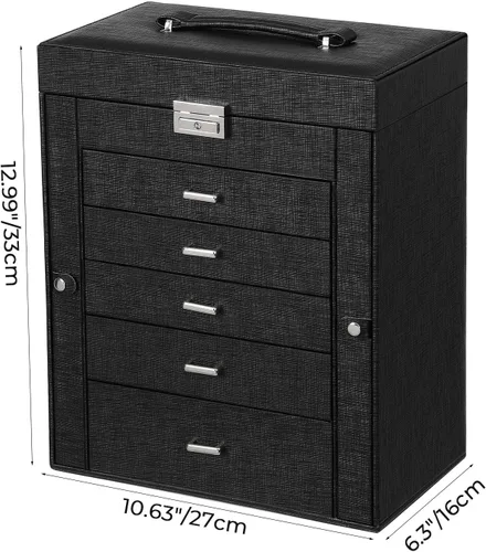 Vista 8 de ANWBROAD Caja de joyería grande de 6 niveles, organizador de joyas con cerradura de espejo, caja de joyería para niñas, aretes, anillos, collares