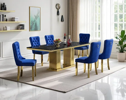 Vista 17 de Juego de mesa de comedor de mármol para 4, mesa de cocina rectangular de mármol negro de 68 pulgadas con base en H de acero inoxidable dorado, juego