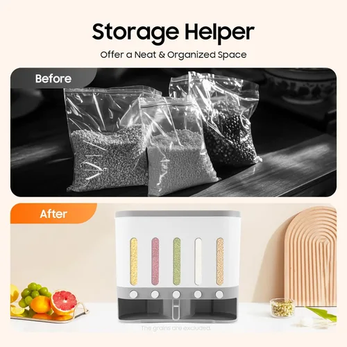 Vista 3 de Dispensador de arroz con taza, dispensador de alimentos secos de 5 rejillas montado en la pared, cubo de arroz, contenedor de almacenamiento