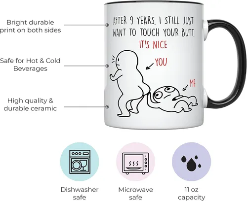Vista 2 de YouNique Designs Taza de café del 9º aniversario, 11 onzas, divertida taza de noveno aniversario de boda para él y ella (mango negro)