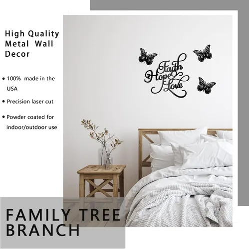 Vista 2 de Moxweyeni 4 piezas de decoración de pared de metal con texto en inglés «Faith Hope Love» («Faith Hope Love») con letras negras inspiradoras, arte