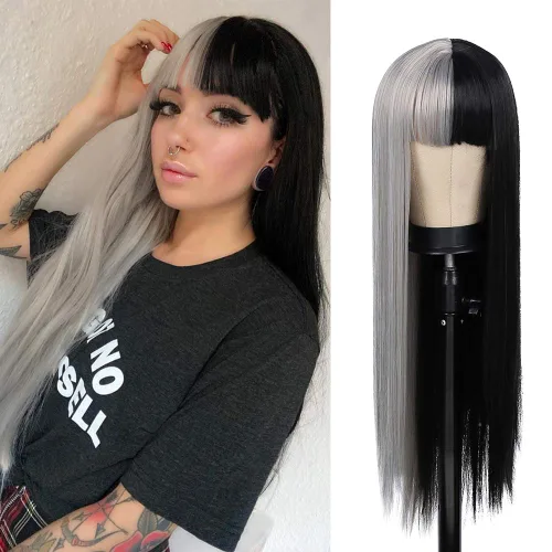 Vista 11 de Kaneles Peluca rizada de color rojo degradado, pelucas de cabello largo ondulado para mujer, pelucas de fibra sintética negra y roja para fiesta