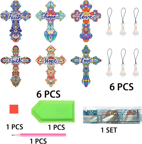 Vista 7 de Juego de 6 marcapáginas de pintura de diamantes cruzados para niños y adultos, borla, arte de diamantes acrílicos de cristal, marcadores de cruz