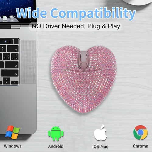 Vista 8 de Ratón inalámbrico Bluetooth con forma de corazón rosa, modo doble, recargable, silencioso, portátil, con diamante brillante y luz LED, para PC