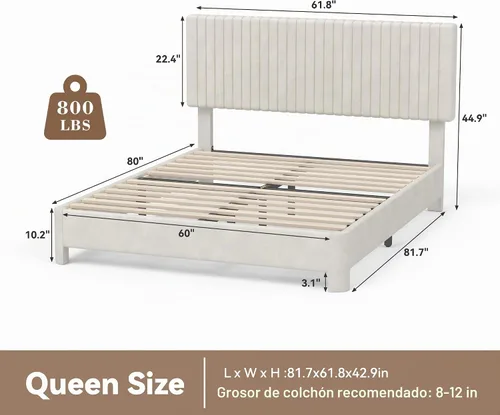 Vista 2 de Vipbear Base de cama tamaño Queen con heaboard, marco de cama tapizado de terciopelo de lujo con soporte de listones de madera, bajo y resistente