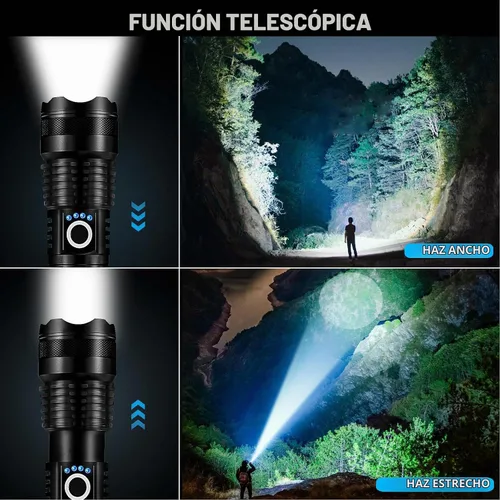 Vista 6 de Paquete de 3 linternas LED recargables de alto lumen, linterna súper brillante de 90,000LM, linterna potente ajustable de 5 modos con cable USB