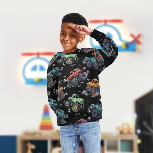 Vista 52 de Plaaee Sudadera de forro polar de manga larga con cuello redondo para niños o niñas, estampado de camiones monstruos, 4T