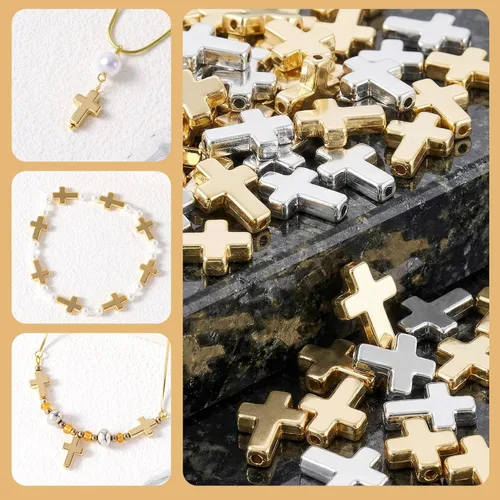 Vista 3 de OIIKI 60 cuentas de cruz para pulseras, dijes de cruz de plástico, cuentas religiosas, mini crucifijo suelto, espaciador, suministros de bricolaje