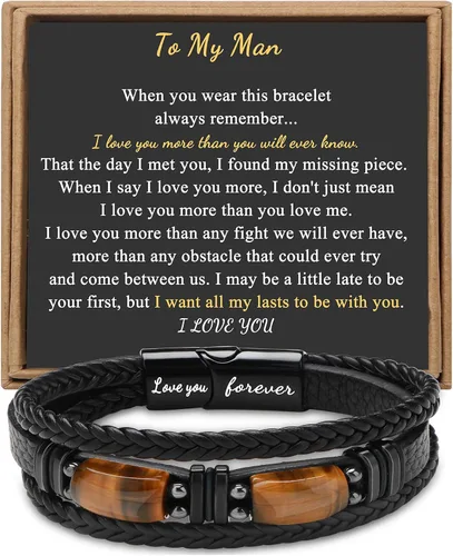 Vista 15 de Regalos únicos para hombres, pulsera de cuero para hombres, papá, novio, hijo, nieto, hermano, te amo para siempre, piedra ojo de tigre, día