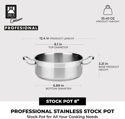 Vista 3 de BRA COOKWARE Olla profesional de acero inoxidable 18/10 con tapa de vidrio Olla profesional de 8 pulgadas de 2.4 cuartos de galón Base de 0.217