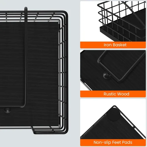 Vista 4 de Homode Portaservilletas para Servilletas de Papel, Portaservilletas Estilo Granja para Mesa, Canasta Plana para Servilletas con Brazo con Peso Negro