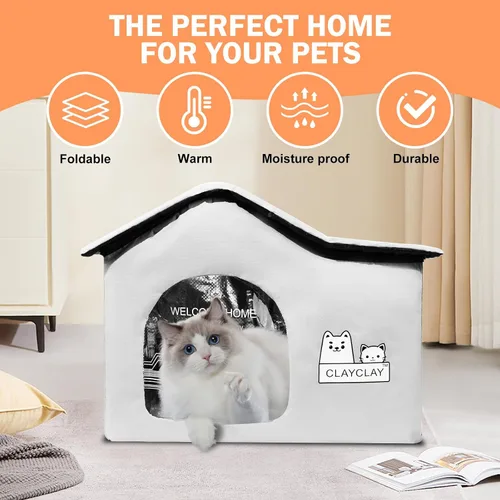 Vista 2 de Casa térmica para gatos para mascotas exteriores en invierno, refugio de invierno para gatos y perros pequeños con almohadilla térmica, casa térmica