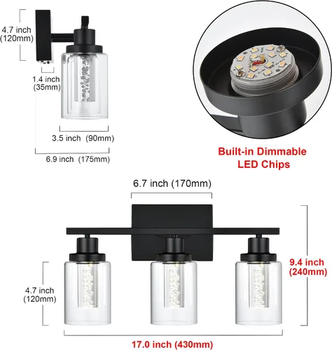 Vista 6 de MELUCEE Lámparas de tocador de baño, 3 luces LED sobre espejo, 3000 K-6000 K, moderna luz negra para baño con pantalla de cristal de burbujas, chips
