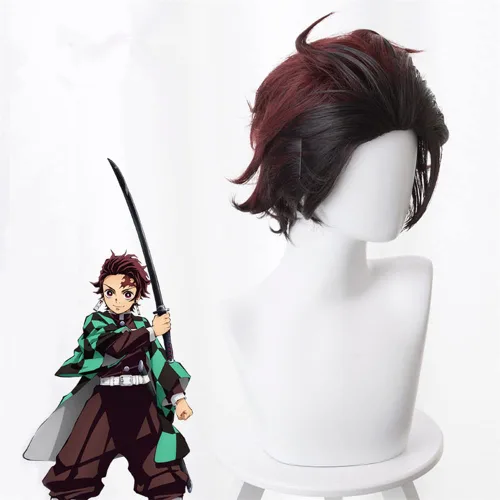 Vista 2 de Anime Kamado Tanjirou - Peluca de cosplay para Halloween, color rojo vino, para mujeres y hombres, pelucas de Halloween
