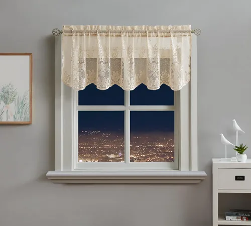 Vista 8 de Warm Home Designs El paquete de 3 cortinas de lino dorado para ventana de cocina incluye 2 niveles de 24 pulgadas y cenefa con festón. Juego