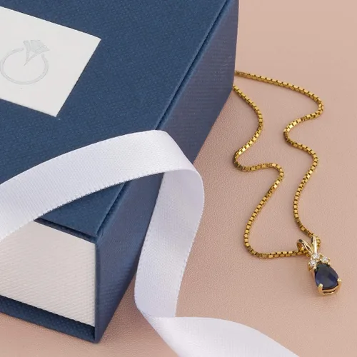 Vista 6 de Peora Colgante de zafiro azul creado en oro amarillo macizo de 14 quilates con diamantes auténticos para mujer, delicado solitario de lágrima