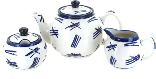 Vista 2 de Juego de té pequeño de tres piezas de pavo real de cerámica polaca de rosa azul