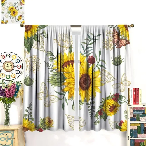 Vista 3 de Cortinas opacas de girasol, diseño natural, de granja, floral, con bolsillo para barra, para ventana, para dormitorio, sala de estar, 42 x 45