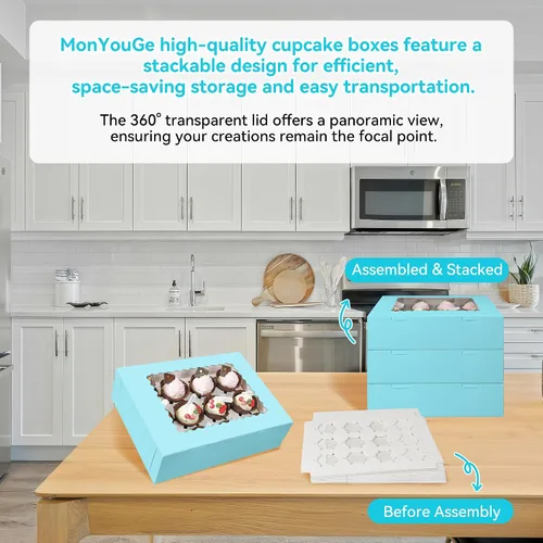 Vista 6 de Juego de 3 cajas para cupcakes a granel con ventana transparente para 12 cupcakes estándar, contenedor desechable de grado alimenticio azul
