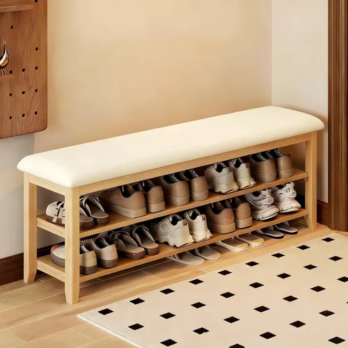Vista 10 de Banco de almacenamiento de zapatos de madera con cojín de cuero, marrón oscuro, 39.4 pulgadas Rustic Solid Wood Entryway Bench, Shoe Rack Bench