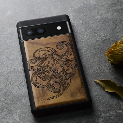 Vista 8 de Carveit Funda de madera para Pixel 6a [madera natural y TPU suave negro] a prueba de golpes, funda de madera única compatible con Google Pixel 6a