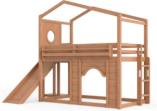 Vista 7 de Harper & Bright Designs Cama tipo loft para niños, tamaño individual, con armario y puerta arqueada, litera de casa con tobogán y estanterías