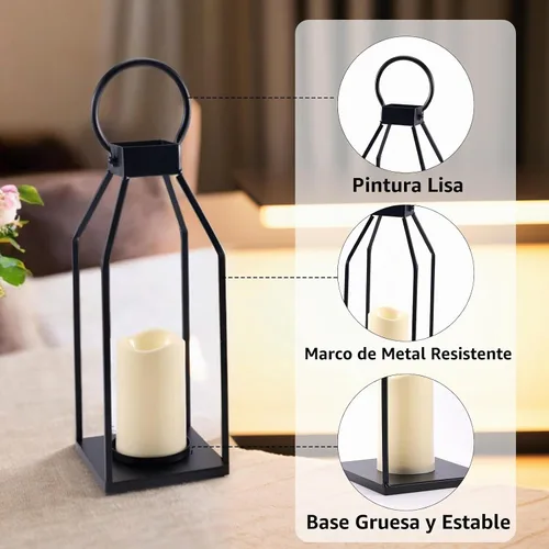 Vista 3 de PHOSPHOR Juego de 2 faroles modernos de metal negro para decoración de granja, faroles de interior y exterior con velas para sala de estar