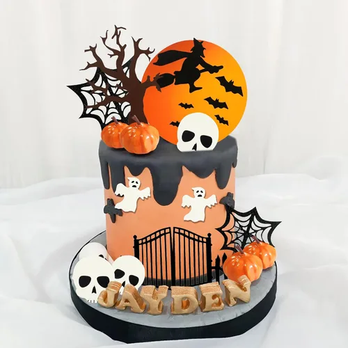 Vista 4 de Decoración para tartas de Halloween, luna y fantasma, cabeza de calabaza, calavera y telaraña, decoración de pastel para Halloween de dulce o truco