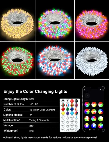 Vista 2 de echosari - Guirnalda de luces inteligentes de Navidad de 33 pies que cambian de color 100 LED Fairy Light with App, Music Sync RGB Built in Chip