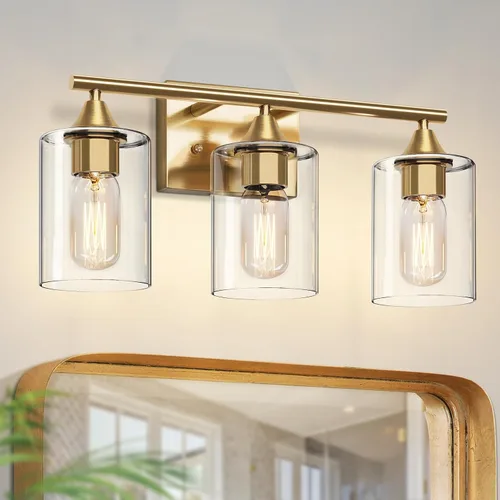 Vista 9 de Luces de Tocador Doradas para Baño, Accesorios de Iluminación de Baño de 2 Luces, Aplique de Pared de Latón Cepillado Dorado, Lámpara de Pared