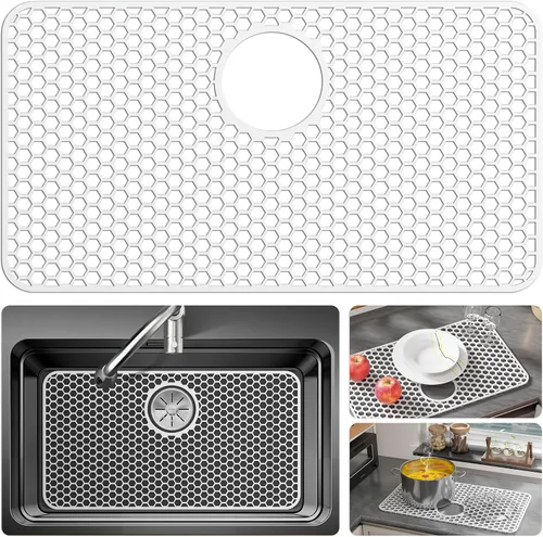 Vista 24 de Bestjing Paquete de 2 protectores de silicona para fregadero de cocina, accesorio de rejilla de cocina de 12 x 11 pulgadas, tapete antideslizante