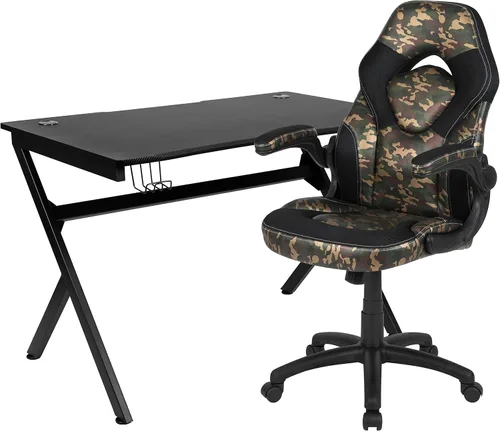Vista 75 de Flash Furniture Juego de escritorio para juegos negro y silla de carreras blanco/negro con soporte para tazas, gancho para auriculares y soporte