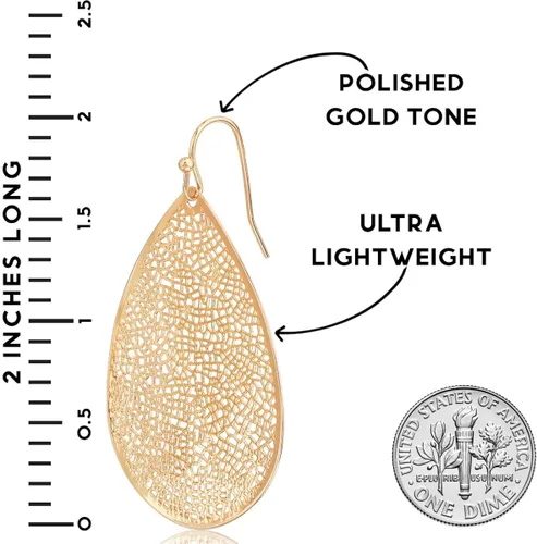 Vista 4 de Humble Chic Aretes colgantes de lágrima para mujer, en tono dorado, rosa o plateado, delicados aretes de filigrana, Metal, No es una piedra preciosa