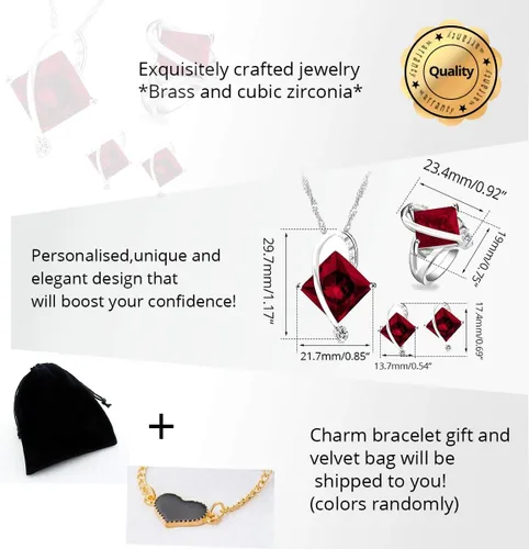 Vista 6 de Uloveido T295 - Juego de collar, anillo y aretes con topacio de cristal cuadrado grande