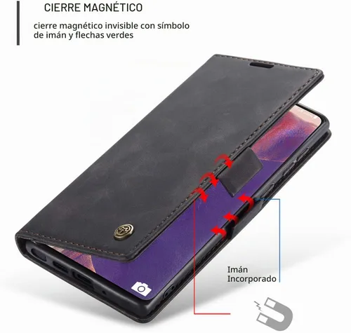 Vista 4 de Funda tipo cartera para Samsung Galaxy Note 20, piel sintética retro, cierre magnético, con ranuras para tarjetas, bolsillos para efectivo con Negro