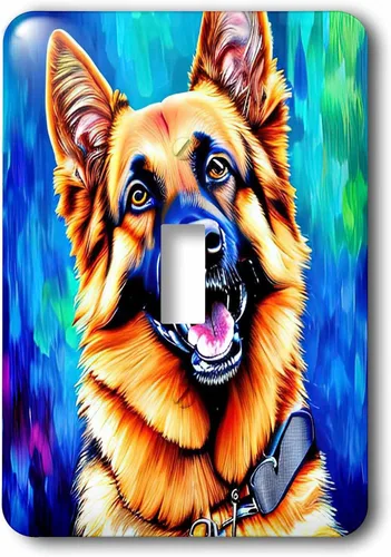 Vista 2 de 3dRose Lovely German Shepherd dog portrait. Blue and green artsy background 2 plug outlet cover