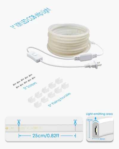 Vista 6 de COB Tira de Luces LED de 10 Pies 6000K Luz Diurna Blanca CA 110V-120V Luces de Cuerda LED Exterior Impermeable IP65 Alta Densidad 288LEDs/M Tira