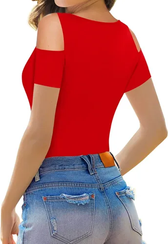 Vista 3 de HERLOLLYCHIPS Camisetas de verano para mujer, cuello en V profundo, manga corta, hombros descubiertos, ajustadas, casuales, sexys