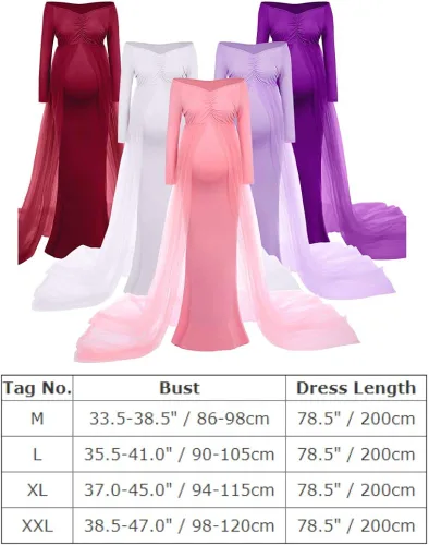 Vista 5 de Vestido de maternidad de manga larga con hombros descubiertos para mujer, de tul elegante, ajustado, para baby shower, fotografía, maxi vestido
