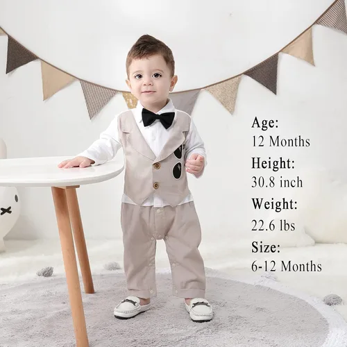 Vista 2 de HOSUKKO - Traje de bebé para caballero, mamelucos + boina + corbatín (0-24 meses)