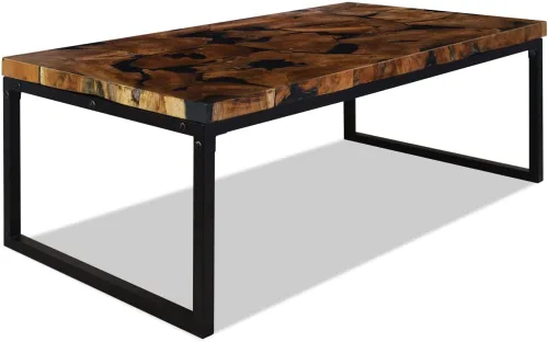 Vista 4 de Black and Brown Teak Wood Coffee Table, 43.3x23.6x15.7 in Rectangular Resin Living Room Table, Rustic Mesa de Centro para Sala, Durable Home