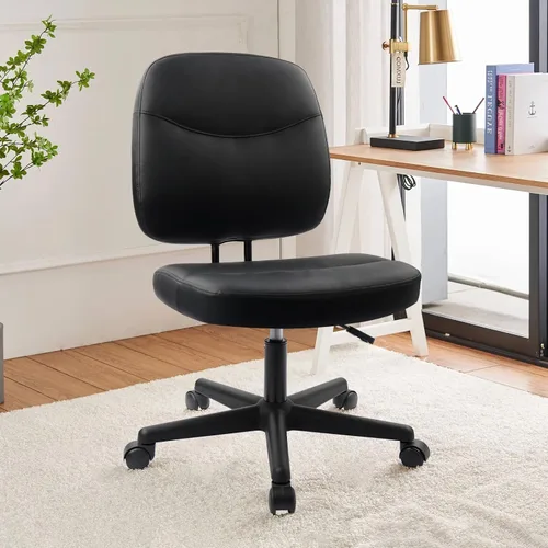 Vista 2 de CLATINA Silla de oficina en casa sin brazos, pequeña silla ergonómica de piel sintética con respaldo bajo con soporte lumbar y ruedas, altura