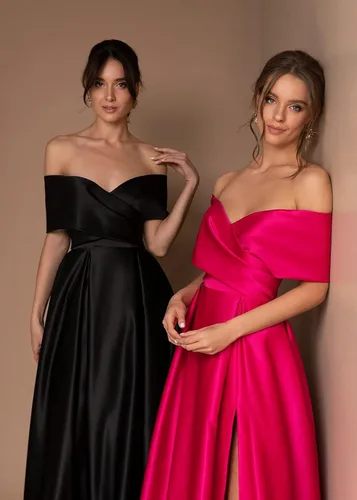 Vista 4 de BONOYUER Vestido de fiesta de satén con hombros descubiertos para mujer, largo y con abertura alta, acampanado, vestido de noche formal con bolsillos