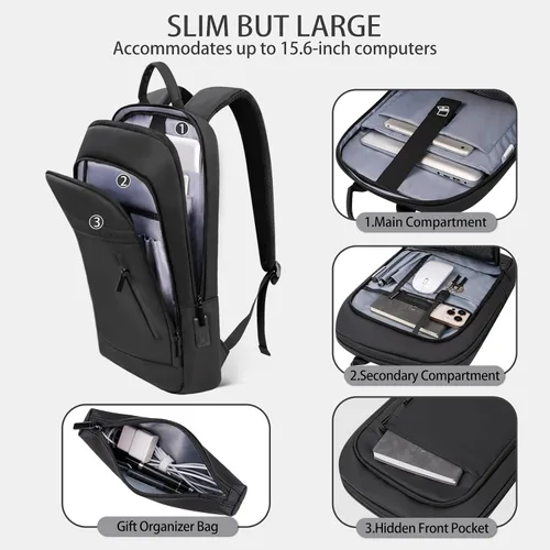 Vista 3 de Mochila de negocios para hombres antirrobo resistente al agua mochila de desplazamiento para portátil de 15.6 pulgadas para el trabajo diario, Negro