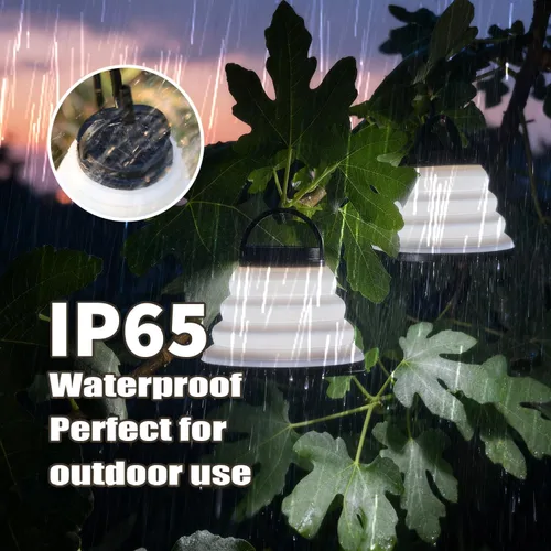 Vista 9 de Paquete de 2 luces solares plegables para camping, LED, portátil, USB, multicolor, 6 modos de color, lámpara impermeable para huracanes, cortes